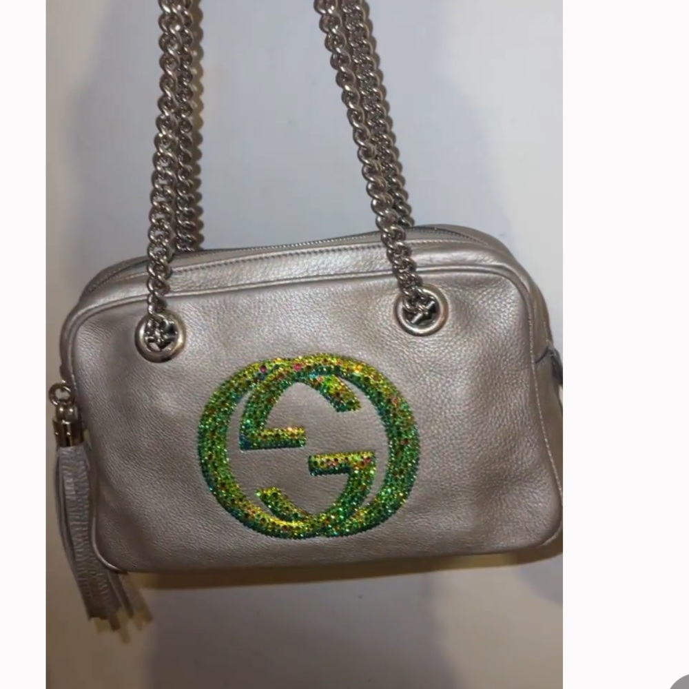 Gucci soho pewter Silver and Green strassed swarovski bag stunning custom